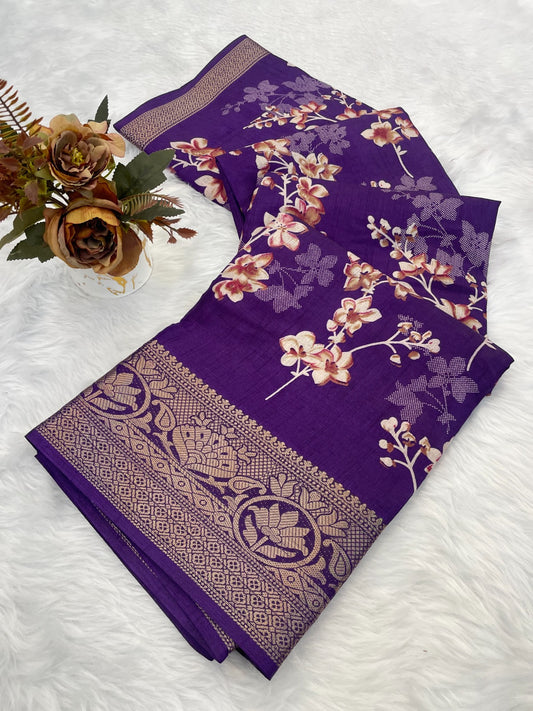 A beautiful dola silk saree with flowers print and weaving border saree