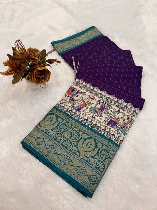 DOLA SILK CHECKES WARLI PRINT WITH JACQUARD BORDER