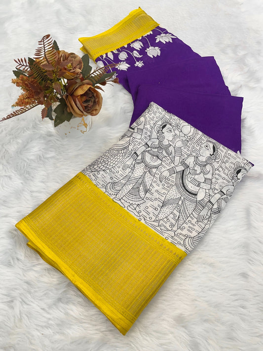 Royal Dola Silk Kalamkari Saree with Heavy Jacquard Border – Premium Ethnic Wear!