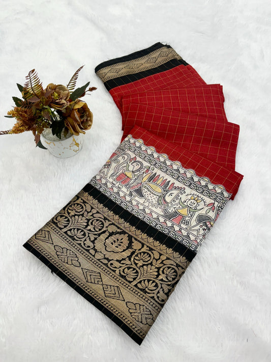 DOLA SILK CHECKES WARLI PRINT WITH JACQUARD BORDER