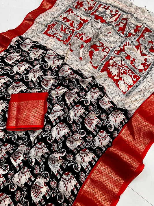 Dola Silk Saree with Kalamkari Print & Zari Border