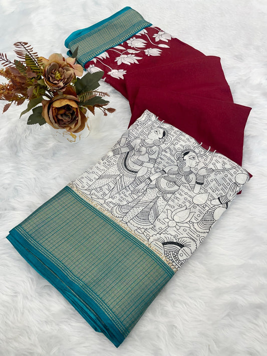 Royal Dola Silk Kalamkari Saree with Heavy Jacquard Border – Premium Ethnic Wear!