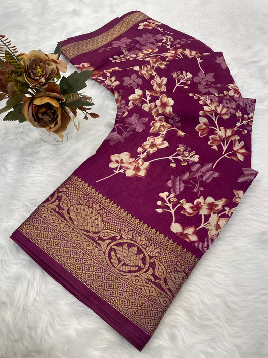 A beautiful dola silk saree with flowers print and weaving border saree