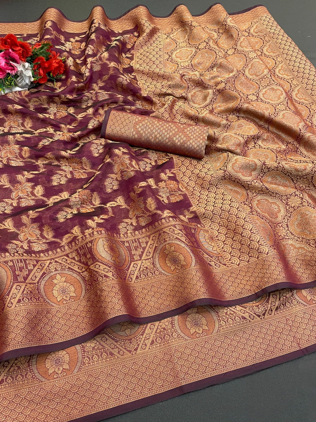 Organza banarasi kanjivaram look designer silk rich pallu saree