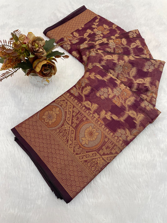 Organza banarasi kanjivaram look designer silk rich pallu saree
