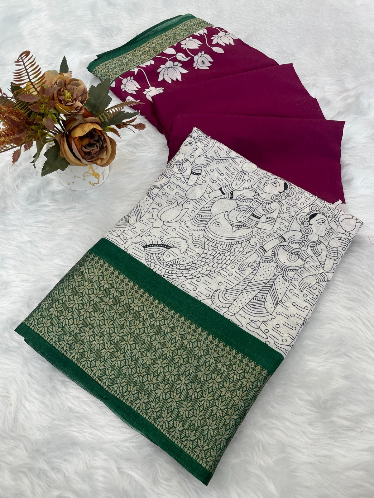 Royal Dola Silk Kalamkari Saree with Heavy Jacquard Border β Premium Ethnic Wear!