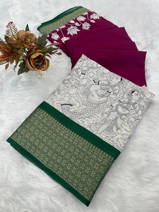 Royal Dola Silk Kalamkari Saree with Heavy Jacquard Border – Premium Ethnic Wear!