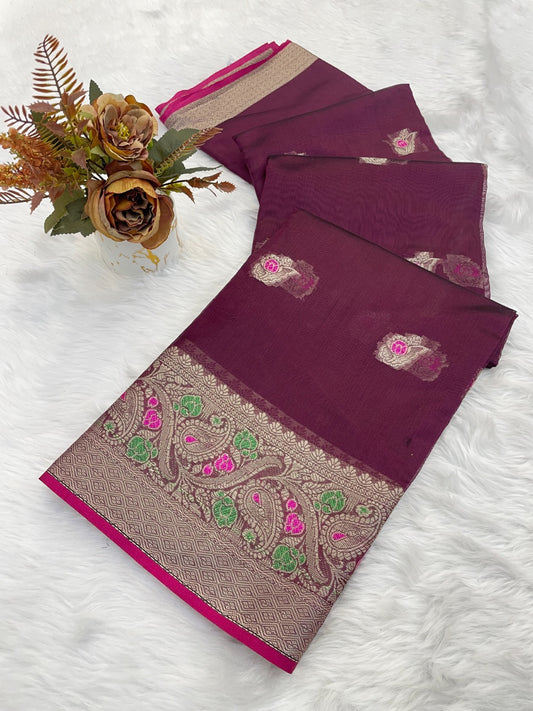 Banarasi Silk Saree for Women with Trendy Wedding Style in Cotton, Fancy, Art Silk, and Soft Silk Blend Maroon Saree
