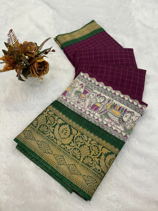 DOLA SILK CHECKES WARLI PRINT WITH JACQUARD BORDER