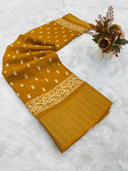 Dola Silk Jaquard Border Printed Saree With Blouse