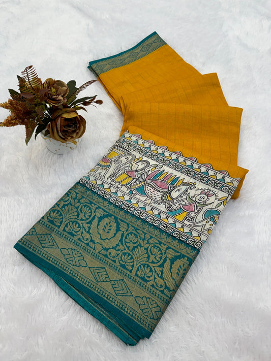 DOLA SILK CHECKES WARLI PRINT WITH JACQUARD BORDER