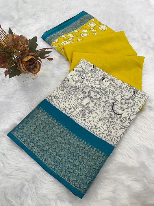 Royal Dola Silk Kalamkari Saree with Heavy Jacquard Border – Premium Ethnic Wear!