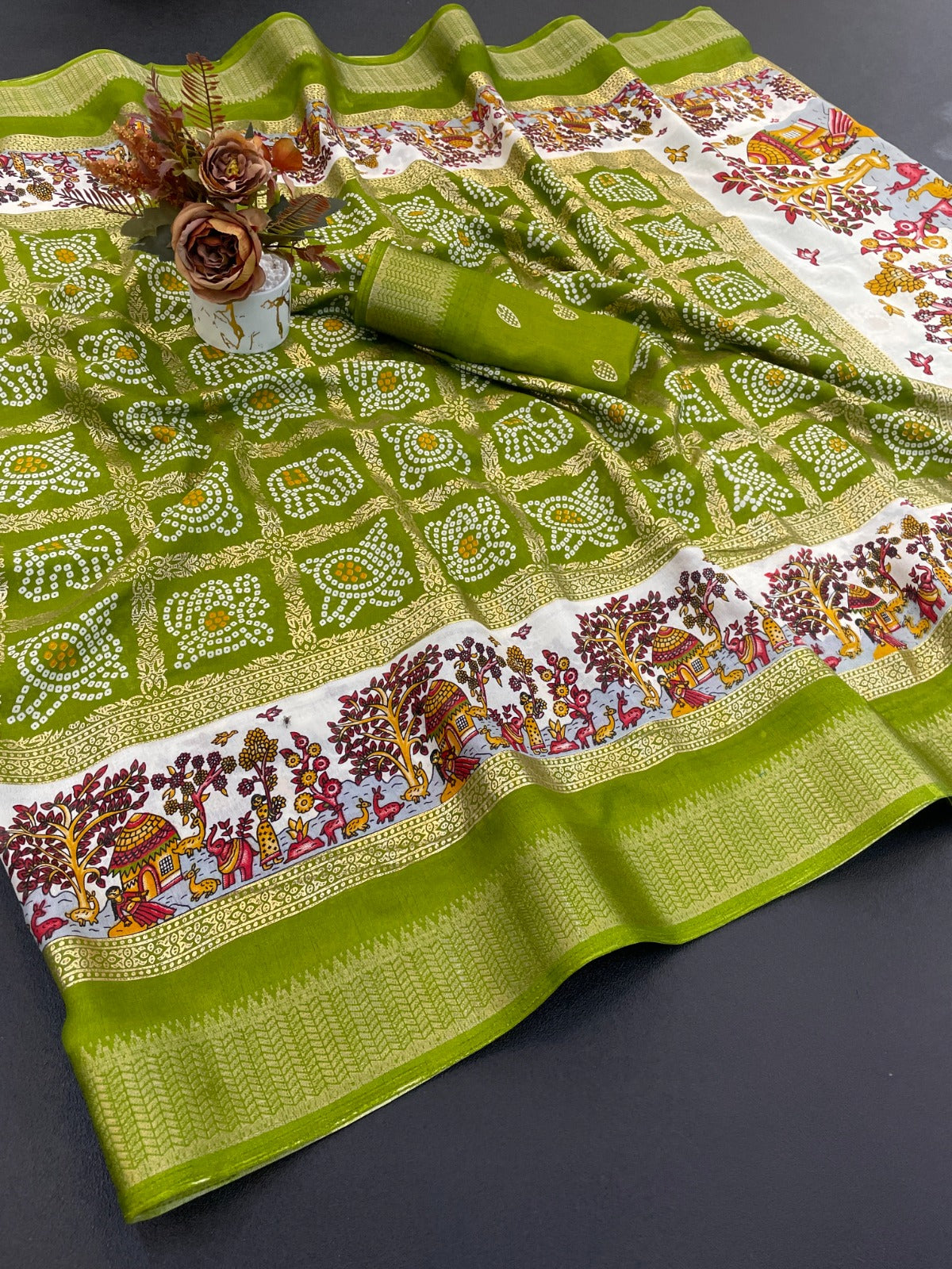 Dola Silk Jacquard Border Bandhni Printed Saree