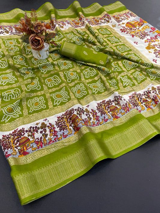 Dola Silk Jacquard Border Bandhni Printed Saree