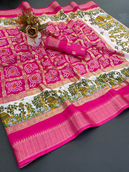 Dola Silk Jacquard Border Bandhni Printed Saree