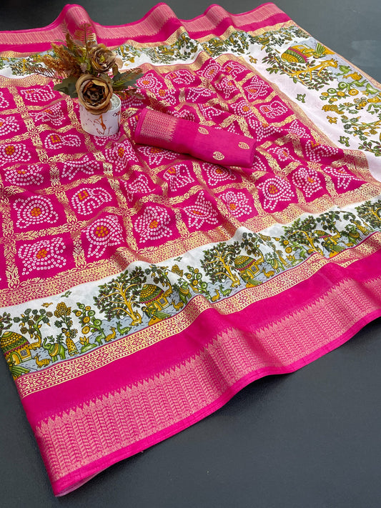Dola Silk Jacquard Border Bandhni Printed Saree
