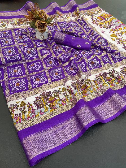 Dola Silk Jacquard Border Bandhni Printed Saree
