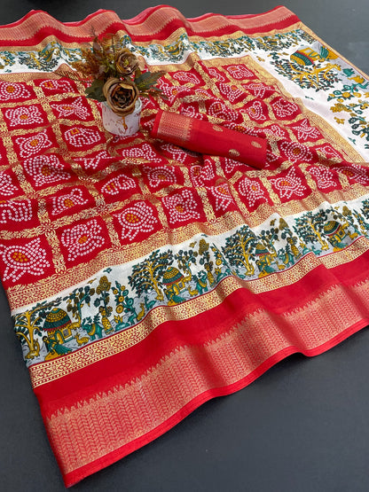 Dola Silk Jacquard Border Bandhni Printed Saree