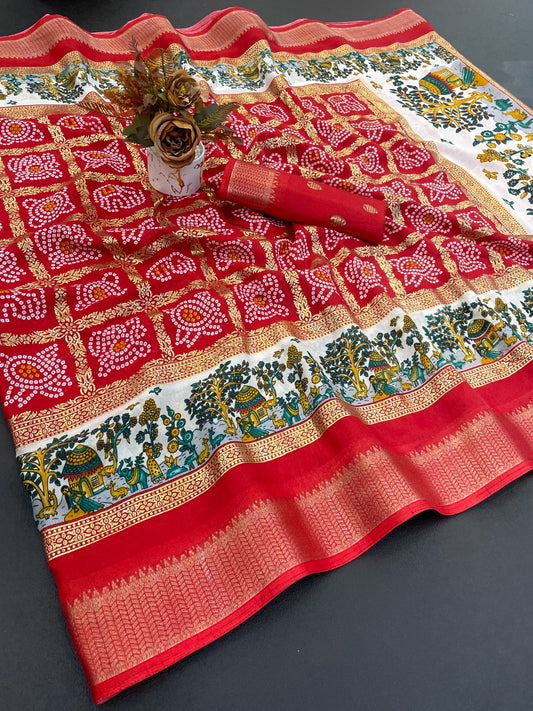 Dola Silk Jacquard Border Bandhni Printed Saree
