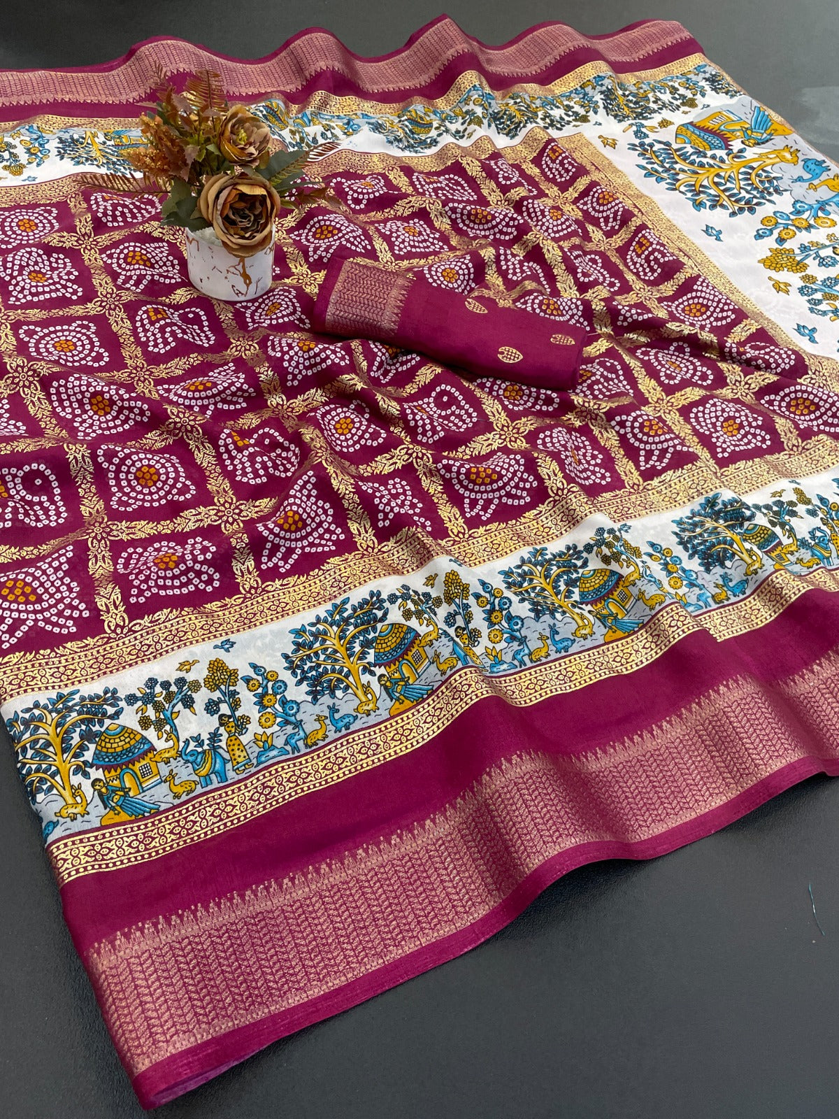 Dola Silk Jacquard Border Bandhni Printed Saree