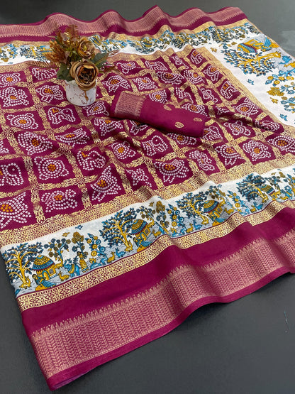 Dola Silk Jacquard Border Bandhni Printed Saree