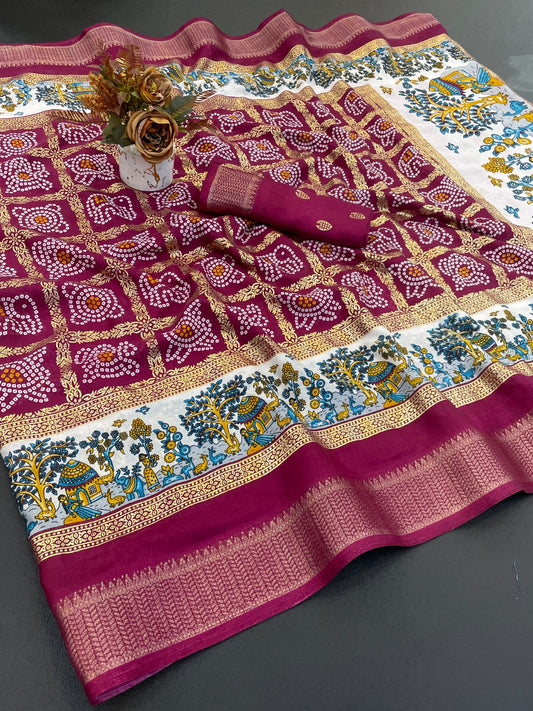 Dola Silk Jacquard Border Bandhni Printed Saree
