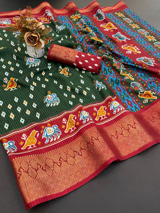 Dola Jequard Border Warli Digital printed saree with Bandhani printed