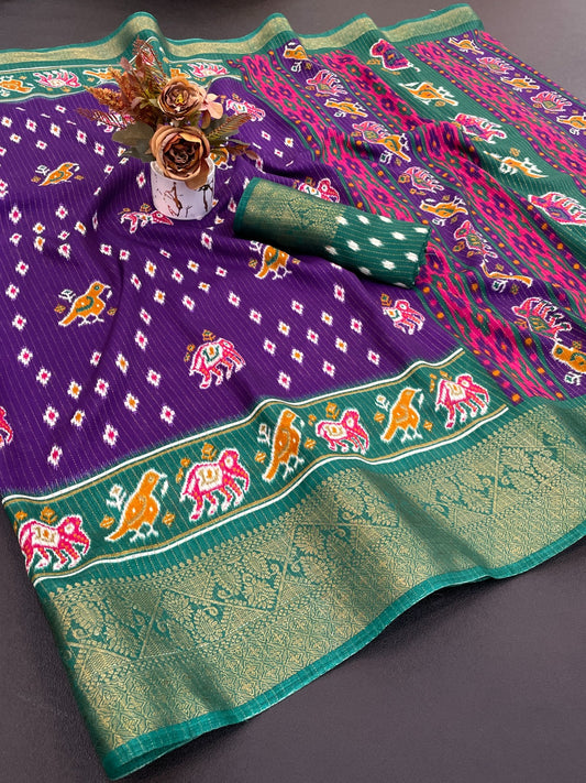 Dola Jequard Border Warli Digital printed saree with Bandhani printed