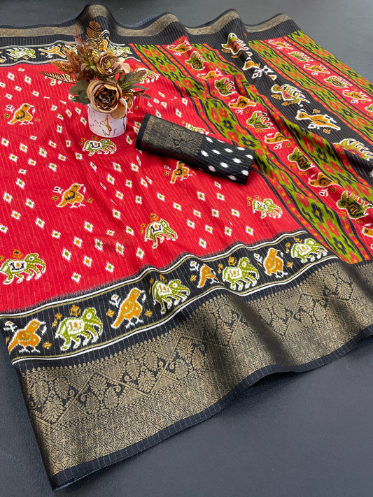 Dola Jequard Border Warli Digital printed saree with Bandhani printed