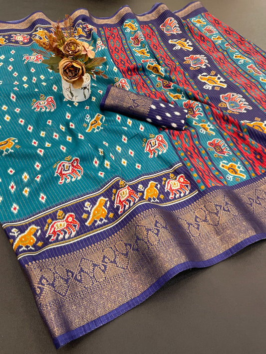 Dola Jequard Border Warli Digital printed saree with Bandhani printed