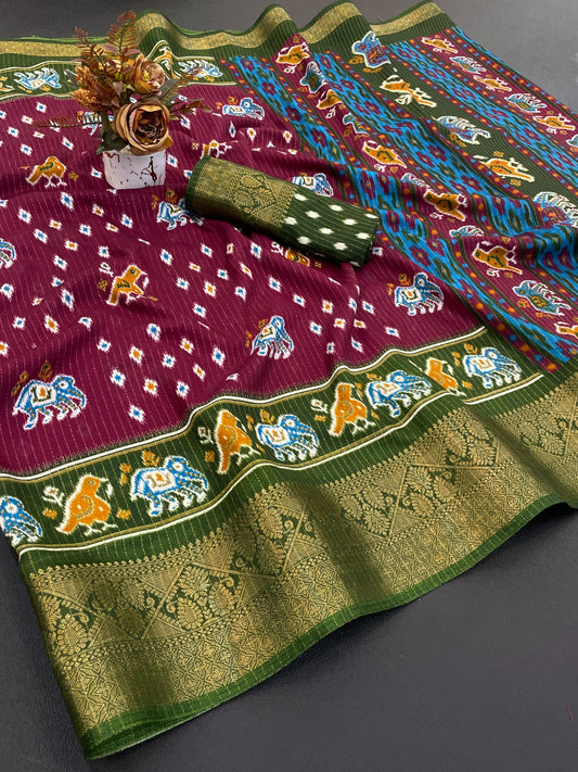 Dola Jequard Border Warli Digital printed saree with Bandhani printed