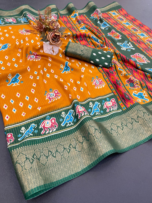 Dola Jequard Border Warli Digital printed saree with Bandhani printed
