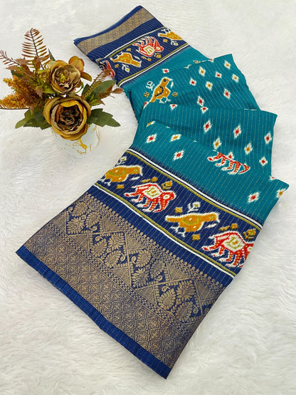 Dola Jequard Border Warli Digital printed saree with Bandhani printed