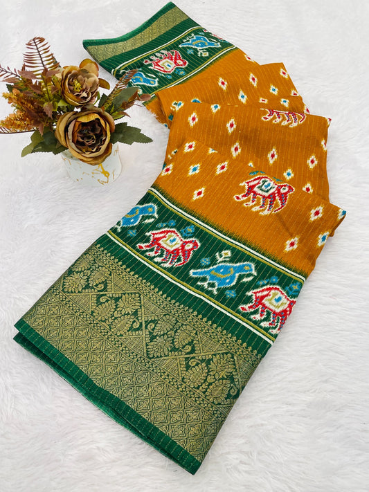 Dola Jequard Border Warli Digital printed saree with Bandhani printed