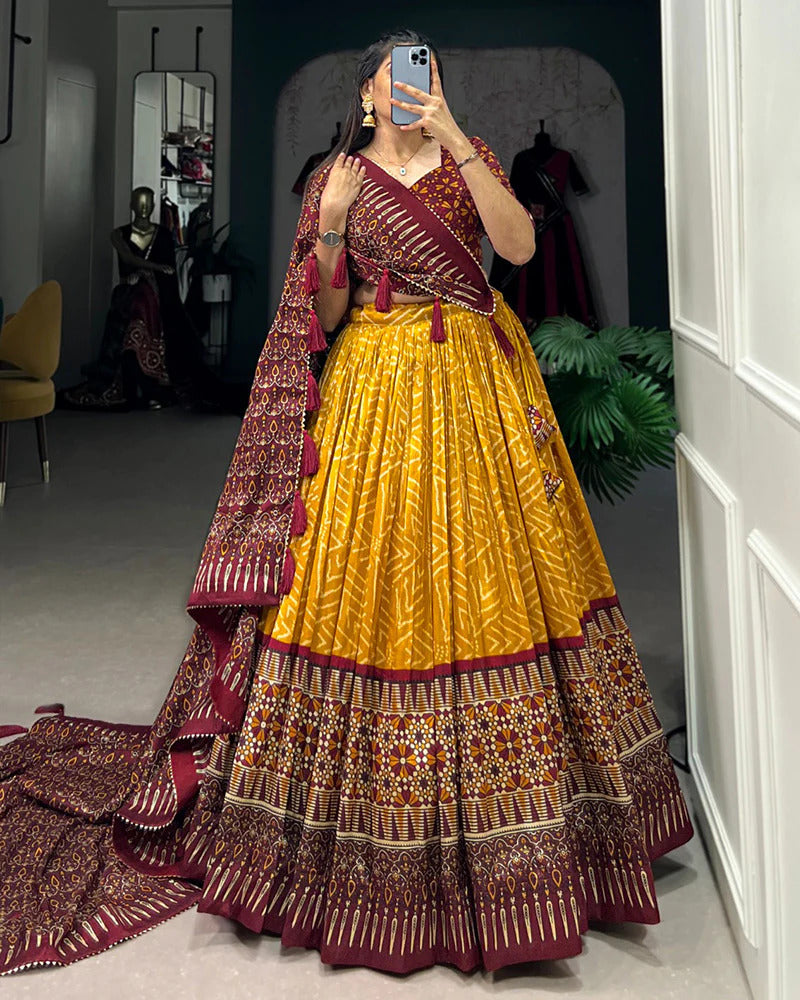 Elegant Tussar Silk Lehenga Choli with Bandhani & Patola Print