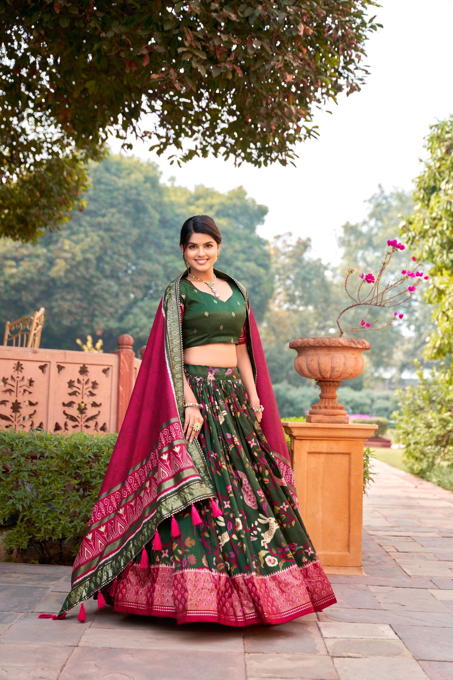 Women Tussar Silk Lehenga Choli | Patola Print Adorned with Foil Work for Women For Navratri