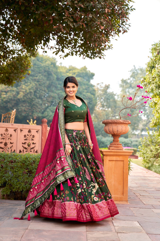 Women Tussar Silk Lehenga Choli | Patola Print Adorned with Foil Work for Women For Navratri