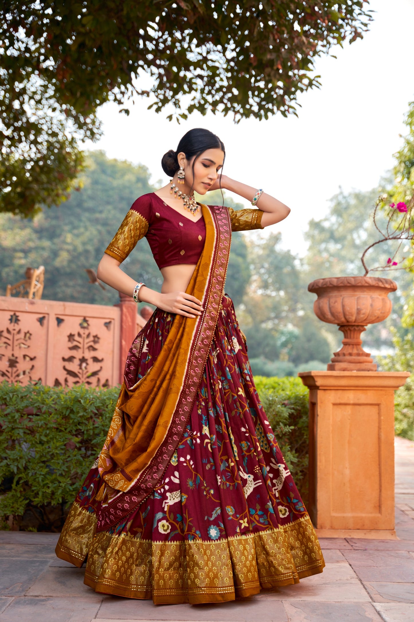 Women Tussar Silk Lehenga Choli | Patola Print Adorned with Foil Work for Women For Navratri