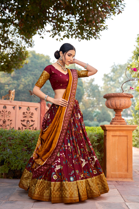 Women Tussar Silk Lehenga Choli | Patola Print Adorned with Foil Work for Women For Navratri