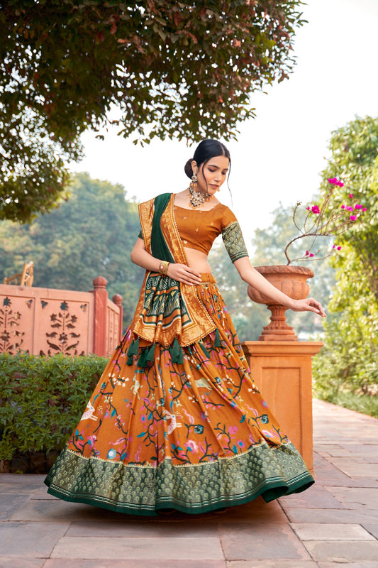 Women Tussar Silk Lehenga Choli | Patola Print Adorned with Foil Work for Women For Navratri