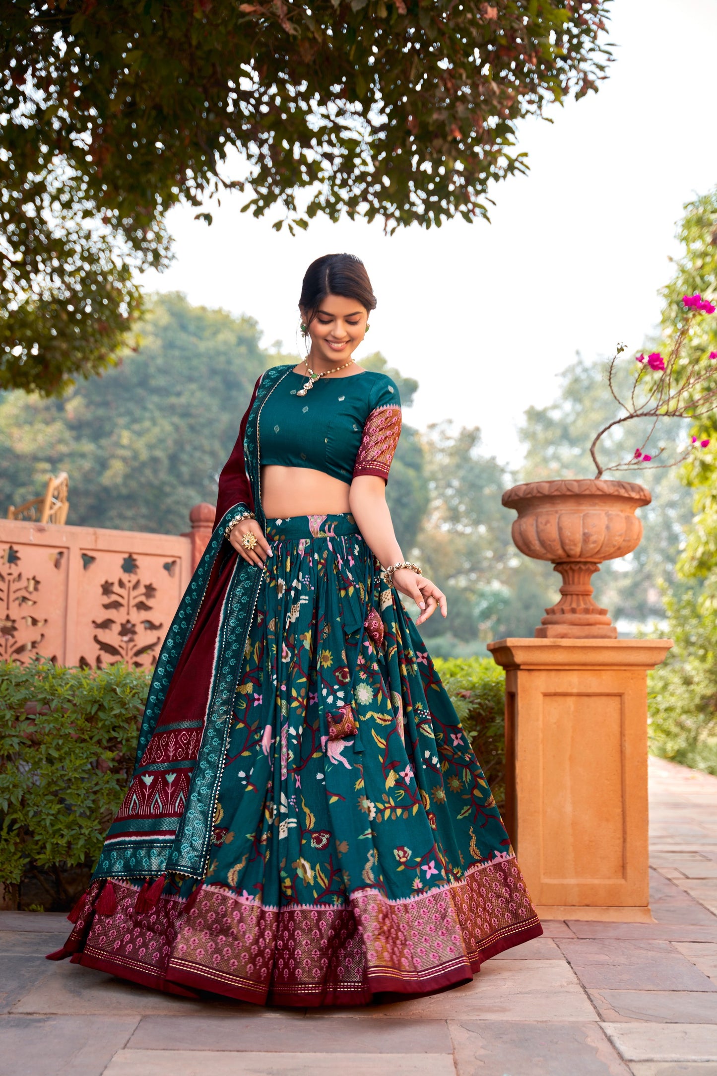 Women Tussar Silk Lehenga Choli | Patola Print Adorned with Foil Work for Women For Navratri