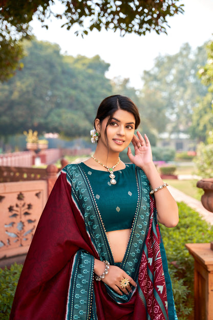 Women Tussar Silk Lehenga Choli | Patola Print Adorned with Foil Work for Women For Navratri