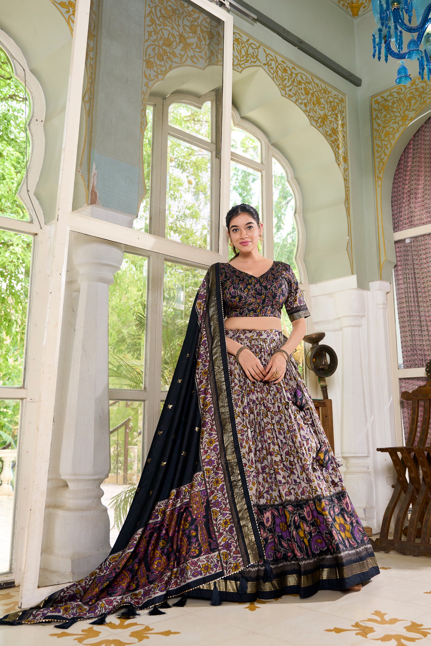 Women's Collection Tusser Silk  Lehenga Choli Flower Print with Foil Work With Unstitched Blouse