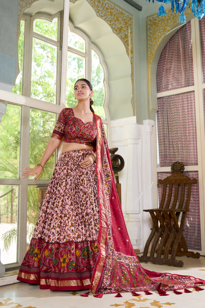 Women's Collection Tusser Silk Lehenga Choli Flower Print with Foil Work With Unstitched Blouse