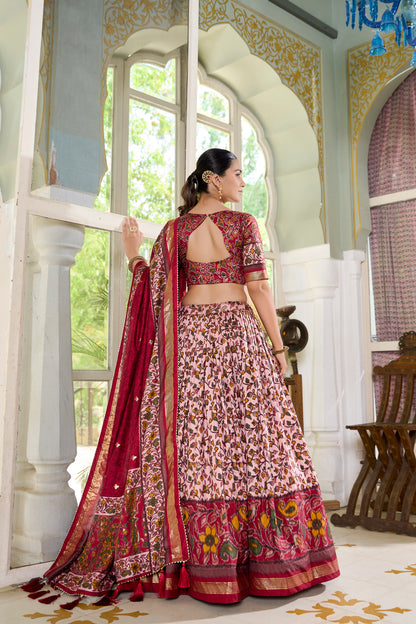 Women's Collection Tusser Silk Lehenga Choli Flower Print with Foil Work With Unstitched Blouse
