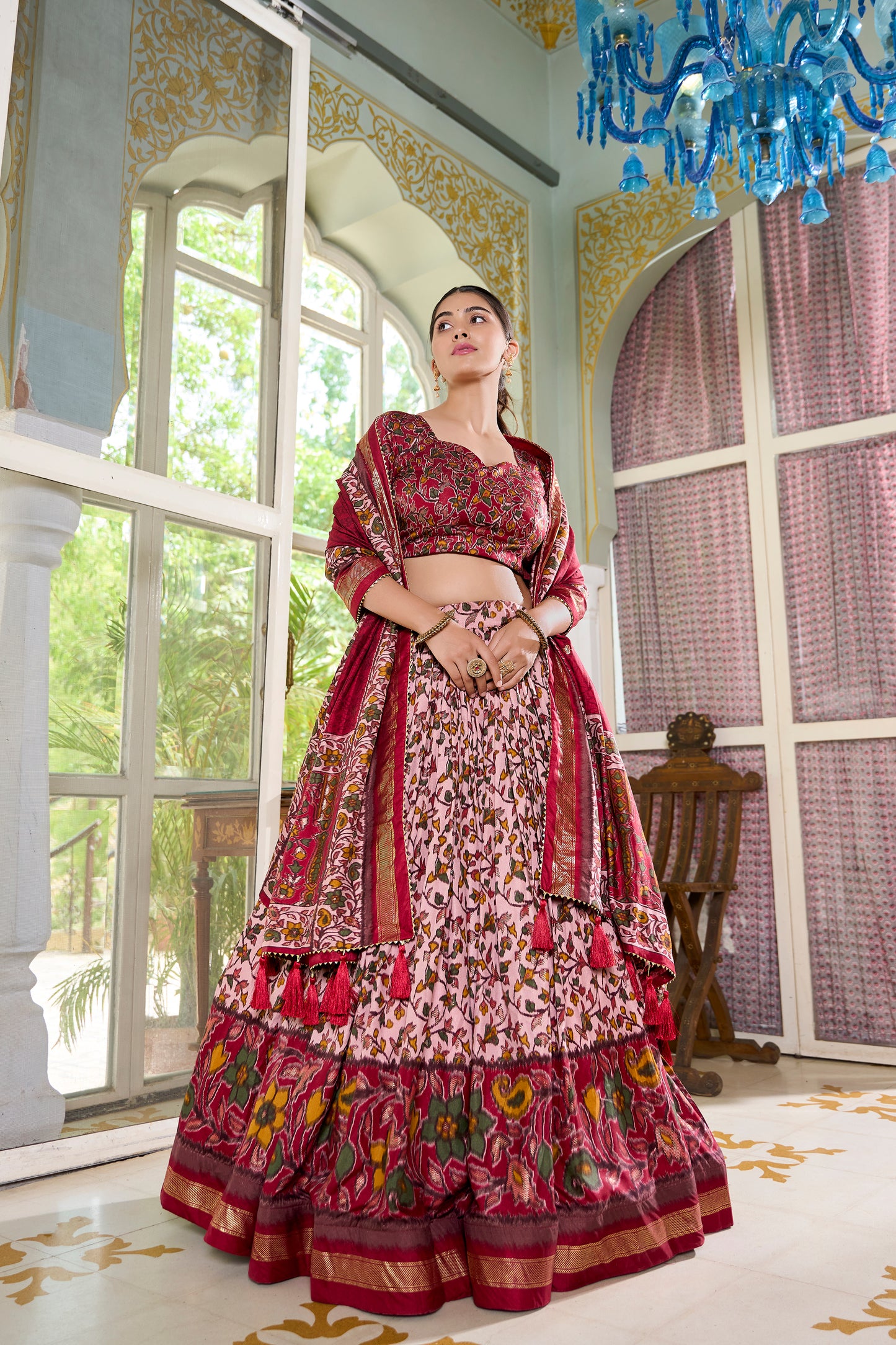 Women's Collection Tusser Silk Lehenga Choli Flower Print with Foil Work With Unstitched Blouse