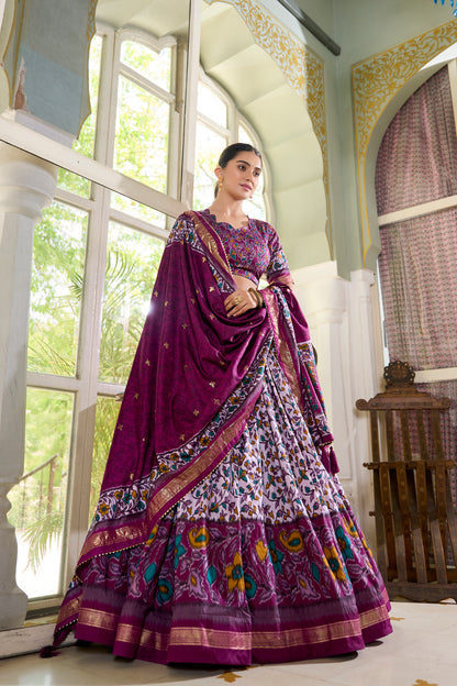 Women's Collection Tusser Silk Lehenga Choli Flower Print with Foil Work With Unstitched Blouse