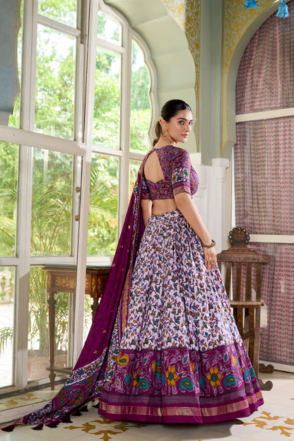 Women's Collection Tusser Silk Lehenga Choli Flower Print with Foil Work With Unstitched Blouse