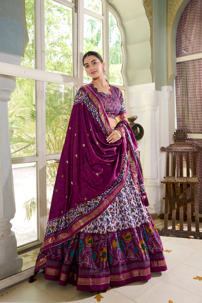 Women's Collection Tusser Silk Lehenga Choli Flower Print with Foil Work With Unstitched Blouse