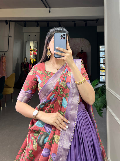 Kalamkari Print With Zari Weaving Dola Silk South Indian Lehenga Choli